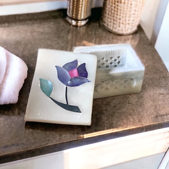 Marble Pietra Dura Trinket Box Floral Inlay Lattice Design - Picture 1 of 16